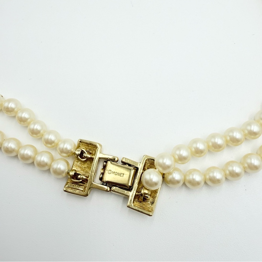 Vintage Monet Gold Tone accents and Faux Pearls Beads 2 Strand Necklace - Picture 7 of 8